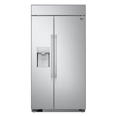 a stainless steel refrigerator freezer sitting next to a white wall with an ice dispenser on the door