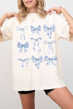 Blue Bow T-shirt Coquette Aesthetic Shirts Gift for Girly Girl Light Blue Ribbon Bows Coquette Girl in My Soft Girl Era Trendy Comfort Color - Etsy Cute Bow T-shirt For Spring, Kawaii Blue Spring T-shirt, Cotton Summer Tops With Bow Print, Kawaii Blue Top For Spring, Cute White Top With Bow, Cute White Top With Bow Detail, Cute Blue T-shirt For Gift, Cute Cotton T-shirt With Bow, Cute Cotton T-shirt With Bow Print