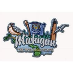 the michigan state emblem is shown with birds and other things on it's back