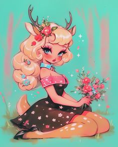 🦌💖🩵✨ Big Cute Drawings, Flowing Hair Illustration, Cute Pinup Art, Cute Fluffy Outfits, Vintage Cute Illustration, Flirty Character, Cute Draws, Goddess Character, Female Base