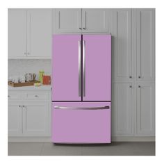 a purple refrigerator in a kitchen with white cabinets