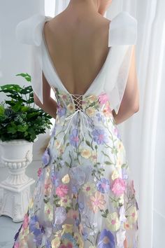 Spring Wedding Dress With Bow Detail, Spring Wedding Dress With Bow, Elegant Embroidered Dress With Floral Applique For Garden Party, Elegant Lace Embroidered Dress With Floral Applique, Spring Banquet Dress With Bow Detail, Spring Banquet Dress With Bow, Spring Lace Embroidered Floral Dress, Feminine Embroidered Summer Wedding Dress, Summer Wedding Embroidered Dress With Floral Print