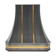 a stainless steel range hood with gold stripes