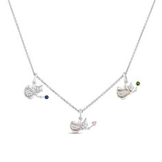 The three good fairies fly in whimsical style in this charming gemstone and diamond necklace from the Enchanted Disney Fine jewelry Collection inspired by Aurora. Crafted in sterling silver, this design showcases a trio of fairy-like dangles sparkling with diamonds along their dresses. At the center, Flora's wand shimmers with a pink tourmaline while her dress has 10K rose gold details. Fauna - with 10K yellow gold detailing - whisks a green tourmaline wand, and a blue sapphire dots Merryweather Three Good Fairies, Disney Aurora, Godmother Necklace, Enchanted Disney, Enchanted Disney Fine Jewelry, Disney Fine Jewelry, Whimsical Style, Necklace Clasps, Fairy Godmother