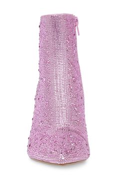 Instantly elevate any outfit with these fabulous pointy toe booties covered in a symphony of glittering crystals. 3 1/5" heel 5 1/5" shaft height Side zip closure Rhinestone and textile upper/textile lining/synthetic sole Imported Embellished Pink Evening Boots, Embellished Pink Boots For Evening, Barbie World, Betsey Johnson, Bootie, Side Zip, Light Pink, Nordstrom, Crystals