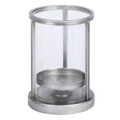 a glass and metal candle holder on a white background