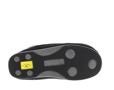 the sole of a pair of black shoes with yellow tags on them, against a white background