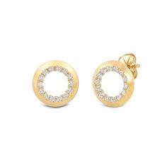 Effortlessly embrace everyday glamour with these diamond earrings. These circular studs feature an open frame with a knife-edge periphery. The inner circular frame is lined with round diamonds held securely by shared prongs. The modern style and simplicity of these earrings make them easy to pair wtih almost anything. Modern Round Cut Halo Diamond Earrings, Round Halo Diamond Earrings, Modern Round Diamond Earrings, Round Diamond Earrings With Pave Setting, Modern Round Halo Design Earrings, Rose Gold Round Diamond Earrings With Halo Design, Modern Brilliant Cut Round Earrings, Rose Gold Round Halo Diamond Earrings, Modern Round Brilliant Cut Earrings