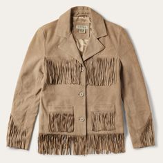 Light Tan Fall Leather Outerwear With Fringe, Leather Fringe Outerwear For Fall, Winter Leather Outerwear With Tassels, Winter Leather Tassel Outerwear, Fall Leather Tassel Outerwear, Leather Tassel Outerwear For Fall, Western Leather Fringe Outerwear, Western Leather Outerwear With Fringe, Spring Suede Outerwear With Fringe