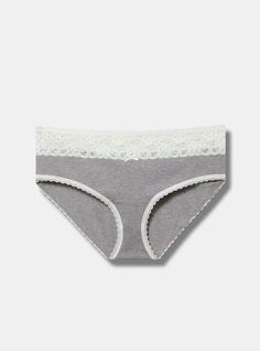 FIT Mid rise. Medium coverage. MATERIALS + CARE Stretch cotton knit fabric. . 95% cotton, 5% spandex. Machine wash cold. Dry flat. Imported. DETAILS Scalloped wide lace waistband. The best plus size women's cotton mid rise hipster lace trim panty panties in heather grey made of cottonspan. Rock your look from Torrid to Festivals like Coachella and Lollapalooza, a concert, a show, or just for fun! Stretch Cotton Gray Bottoms, Stretch Gray Cotton Bottoms, Gray Stretch Cotton Bottoms, Gray Seamless Cotton Bottoms, Black Beachwear, Kimono Shrug, Semi Annual Sale, Sheer Shorts, Summer Lookbook