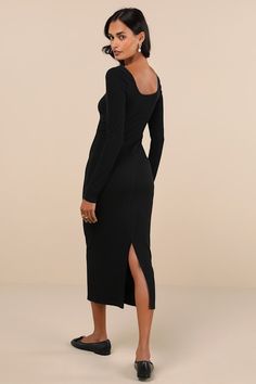 The flirty vibes that radiate from the Lulus Certainly Darling Black Ribbed Long Sleeve Midi Dress will make it the perfect pick for meeting up with your crush! Stay cute and comfortable all day long with this stretchy ribbed knit dress that features long sleeves and a scoop neckline with scalloped lace trim and a dainty rosette detail at the center. The bodycon silhouette will effortlessly flaunt your figure as it falls to a chic midi hem with a convenient kick pleat at the back. Fit: This garm Black Ribbed Dress In Elastane, Black Ribbed Elastane Dress, Flirty Stretch Midi Dress With Long Sleeves, Fitted Black Dress For Loungewear, Fitted Flirty Dress For Loungewear, Long Sleeve Midi Dress For Date Night, Kick Pleat, Ribbed Knit Dress, Your Crush