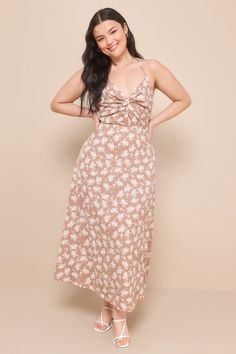 Create beautiful memories that you'll want to look over and over again with the Lulus Picturesque Moments Brown Floral Print Strappy Maxi Dress! This flowy maxi is composed of woven fabric (with a white and brown floral print throughout) that shapes a V-neckline and adjustable spaghetti straps that crisscross across an open back and tie at the waist. A twist-front bodice atop an empire waist continues to an A-line silhouette that ends at a flowy maxi hem. Hidden back zipper. Fit: This garment fi Brown Maxi Dress, Brown Maxi Dresses, Beach Wedding Guest Dress, Brown Floral Print, Low Cut Dresses, Strappy Maxi Dress, Adhesive Bra, Fashion Aesthetics, Beautiful Memories