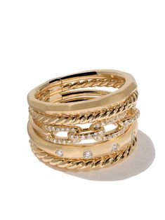 David Yurman’s ‘Stax’ collection combines different finishes and textures with innovative craftsmanship creating the illusion of bracelets and rings stacked as one piece, allowing for effortless layering. Fashioned in 18kt yellow gold, this Stax ring from David Yurman features two signature Cable bands, a smooth faceted band, a round cut diamond set curved band and a chain link band embellished with a row of pavé set diamonds. This striking stacked quintet ring measures 15mm in width and the total diamond weight is 0.26ct. To ensure the shine and polish of your David Yurman piece, wash with a little non-bleach soapy water and wipe clean with a soft cloth. Rings Stacked, Diamond Ring Gold, David Yurman Ring, Bracelets And Rings, Wide Ring, David Yurman Jewelry, Custom Ring Designs, Expensive Jewelry, Wide Rings