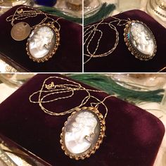 "Beautiful hand carved Abalone & Mother of Pearl shell Cameo Pin Brooch Pendant & chain necklace, crafted out of 14k solid shiny yellow gold ON SALE ORIGINALLY PRICED $398- Total Weight 8.1 grams 14k yellow gold chain measures 20\"inches in length x 1mm wide Stamped & Hallmarked \"14kt NC\" The 14k yellow gold frame, is fashioned in a twisted rope style smooth pattern, and finishes with a c spring clasp The delicately carved cameo portrays the profile of a lovely woman, with her hair Luxury Gold Cameo Jewelry, Antique Yellow Gold Necklace With Cabochon, Luxury Cameo Pendant Jewelry, Luxury Gold Cameo Necklace, Luxury Oval Cameo Necklace, Luxury Cameo Jewelry, Classic Carved Gold Jewelry, Luxury Cameo Medallion Jewelry, Gold Intaglio Necklace