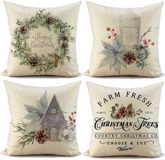 four pillows with christmas decorations on them and the words farm fresh, christmas trees, country christmas