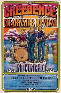 an old concert poster with the band in concert on it's front cover,