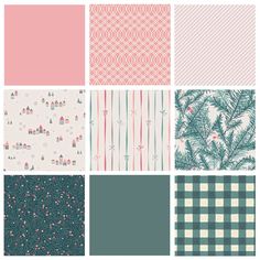 six different patterns in pink, blue and green with snowflakes on the background