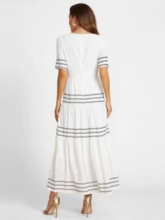 White Half Sleeve V-neck Modest Maxi Dress With Sashes - Azzlee White V-neck Maxi Dress For Day Out, White Maxi V-neck Dress For Day Out, White Surplice Neckline Dress For Day Out, White Dress With Surplice Neckline For Day Out, White Surplice Neckline Dress For Vacation, White Vacation Dresses With Surplice Neckline, Modest Maxi Dress, Cotton Casual Pants, Modest Maxi