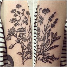 two tattoos with flowers and leaves on their arms, one is black and white the other is grey