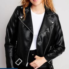 Great Condition. Never Worn. New With Tags. Sleek Black Faux Leather Biker Jacket, Navy Leather Jacket, Black Motorcycle Jacket, Brown Moto Jacket, Faux Suede Moto Jacket, Moto Biker Jacket, Womens Biker Jacket, Faux Leather Biker Jacket, Leather Outerwear