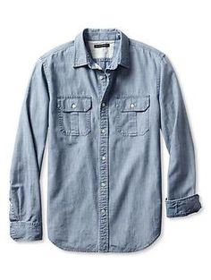 Slim-Fit Denim Military Shirt | Banana Republic Military Shirt, Denim Workwear, Our Legacy, Heritage Collection, Chambray Shirt, Lucky Brand Jeans, Brand Jeans, Comfortable Outfits, Casual Shirts For Men