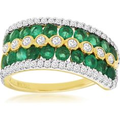 Royal 14K Yellow Gold Band with Round Emeralds and Diamond Accent Halo - 1.94 Carat Total Gemstone Weight Luxury Green Jewelry With Diamond Accents, Luxury Emerald Ring With Diamond Accents In Yellow Gold, Diamond Birthstone, Emerald Diamond Ring, Gold Anniversary, Jewelry Appraisal, Divine Design, Yellow Gold Jewelry, Emerald Color