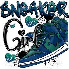 a pair of sneakers with the word sneaker girl on it and hearts in the background