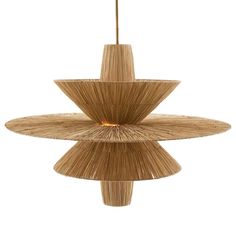 an unusual light fixture made out of bamboo sticks and wickers, hanging from the ceiling