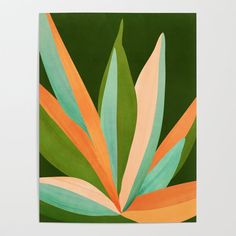 an abstract painting of green, orange and pink leaves