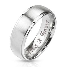 Our personalized two-tone silver ring sets can be customized for your engagement, promise rings or wedding bands. A personalized ring set is a sentiment of love that can be inscribed with names, dates or a custom message. Silver Stainless Steel Ring Set Width: Female 6 mm Sizes Available 5-6-7-8-9 Width: Male 8mm Sizes available: 8-9-10-11-12-13-14 Permanently laser-engraved band. This method of engraving is bold and dark. How to order your Custom Engraved Ring ( highly recommend going to a jewe Silver Stainless Steel Ring With Brushed Finish, Engraving Option Round Band For Promise Ring, Stainless Steel Ring With Brushed Finish As Gift, Stainless Steel Ring With Brushed Finish For Gift, Brushed Finish Stainless Steel Rings For Gift, Wedding Rings Stainless Steel Round Band, Wedding Stainless Steel Round Band Rings, Wedding Stainless Steel Ring With Round Band, Engraved Round Band Promise Ring