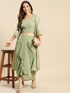 Crop Top With Dhoti Skirt And Shrug Set vitansethnics Georgette Shrug, Crop Top With Dhoti, Dhoti Skirt, Top And Plazo, Indian Dresses For Women, Saree Wearing Styles, Saree Wearing, Pista Green, Shrug For Dresses