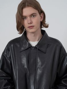 Editor's NotesV2’s jacket gives casual look with vegan leather fabric and oversized fit.- Hidden zipper and snap button closure- Oversized fit- Long sleeves- Vegan leather fabric- Side pockets with flap- Elastic band around hem- Logo label insideMeasurements(in.)1(M) / 2(L)- Shoulder: 22.8in. / 23.6in.- Chest: 24.4in. / 25.2in.- Armhole: 11.0in. / 11.4in.- Sleeve: 23.2in. / 23.6in.- Hem: 19.7in. / 20.5in.- Length: 27.6in. / 28.0in.*Model Info: 6’ Top 100 Bottom 28 Fitting Size 2(L)Composition & Care- 100% Vegan Leather- Dry clean recommendedDesigner- by V2 Oversized Collared Leather Jacket For Winter, Trendy Oversized Leather Outerwear, Collared Leather Jacket For Streetwear, Oversized Leather Biker Outerwear, Winter Leather Button-up Jacket For Streetwear, Oversized Collared Leather Jacket, Winter Streetwear Button-up Leather Jacket, Trendy Collared Leather Jacket For Streetwear, Oversized Leather Outerwear For Streetwear