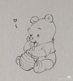 a drawing of a teddy bear holding a honey pot with a heart flying above it