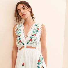 Embroidered Mini Dress For Summer, Summer Embroidered Mini Dress For Garden Party, Embroidered Mini Dress For Summer Garden Party, Summer Embroidered Mini Dress, Sleeveless Embroidered Summer Dress For Brunch, Summer Brunch Embroidered Cotton Dress, Summer Embroidered Cotton Dress For Brunch, Chic Embroidered V-neck Summer Dress, Embroidered Summer Dress For Day Out