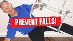 an older man is holding onto a ladder with the words prevent falls on it in front of him