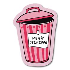 a pink and white striped trash can with the words men's options written on it