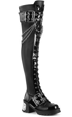 BRATTY-304 Black Stretch Thigh High Boots-Demonia-Tragic Beautiful Lady Aesthetic, Stretch Thigh High Boots, Leather Thigh Boots, Demonia Boots, Leather Over The Knee Boots, Goth Boots, Gothic Boots, Horseshoe Ring, Vegan Leather Boots