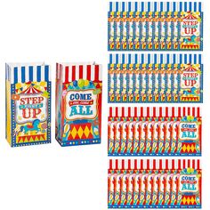 circus themed candy bags with the words, step up and come on all over them