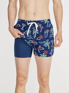 Grab your sunglasses and your flamingo floaty and sink into island time with these classic swimmers. These jealousy-inducing trunks feature an ultra quick drying shell, anti-chafe liner and a zipper back pocket. Not to mention the elastic waistband and build-in drawstring designed to keep your trunks secure from the swim up bar all the way to the all you can eat crab leg buffet. Fabric: Trunk: 92% Polyester/8% Spandex Liner: 91% Polyester/9% Spandex Machine Wash Cold, Tumble Dry Low Best for: Sw Blue Tropical Swim Trunks For Pool, Sporty Swim Trunks For Poolside Vacation, Swim Trunks For Beach Season With 4-way Stretch, Beach Season Swim Trunks With 4-way Stretch, Navy Swimwear For Surfing In Summer, Blue Swim Trunks For Surfing Vacation, Blue Swim Trunks For Surfing, Upf 50+ Summer Swim Trunks, Blue Swim Trunks With Upf 50+ For Pool