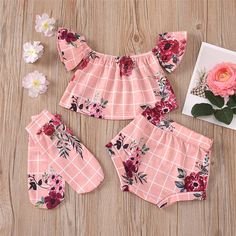 Baby Girls Plaid Floral Printed Short Sleeve Top & Shorts & Socks Baby Boutique Wholesale - PrettyKid Luxury Baby Clothes, Headband Fabric, Boutique Wholesale, Floral Print Shorts, Baby Boutique, Short Socks