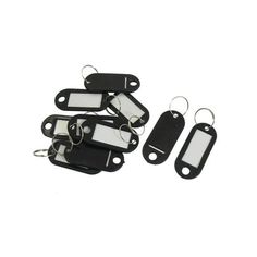 four black and white tags with one tag attached to the back of each keychain