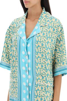 100% Silk | Versace Women's Light Blue Silk Shirt | FW23/24 Printed Silk Shirt, Versace Shirt, Polka Dot Shorts, Twill Shirt, Silk Twill, Polka Dot Print, Roberto Cavalli, Silk Shirt, Shirt Sale