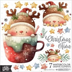 christmas time watercolor clipart with reindeers and santa hats in a coffee cup