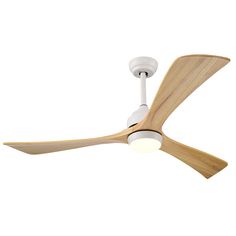 a white ceiling fan with wooden blades and a light on the blade is shown in front of a white background