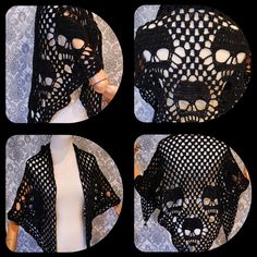 four pictures of a black knitted shawl with holes in the front and back