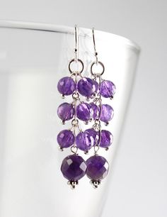 Amethyst Chandelier Earrings, Flower Earrings, February Birthstone, Amethyst Earrings, Amethyst Jewelry, Wedding Jewelry, Bridesmaid Jewelry - Etsy Purple Dangle Chandelier Earrings, Purple Briolette Earrings For Wedding, Purple Gemstone Chandelier Drop Earrings, Purple Gemstone Chandelier Earrings, Elegant Purple Crystal Earrings With Dangling Beads, Purple Dangle Bridal Earrings, Amethyst Chandelier, Jewelry Bridesmaid, Earrings Flower