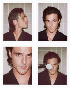 four different shots of a man brushing his hair with an electric toothbrush in front of him