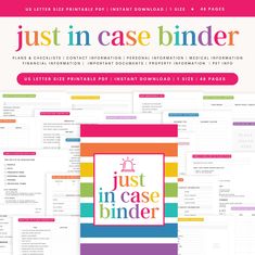 the just in case binder is shown on top of a page with text that reads just