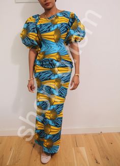 Beautiful blue and yellow dress with a unique neckline. Blue African Dress, African Dress For Women, Blue And Yellow Dress, Ankara Dress, African Dresses For Women, African Dress, Dress For Women, Dress Clothes For Women, Yellow Dress