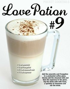 there is a cup of coffee with the words love potion on it and an image of a latte